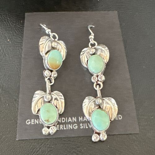 Navajo Blue Green Turquoise Dangle Earrings | Sterling Silver | 1.5" | Authentic Native American Handmade | 17385