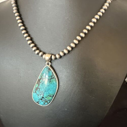 Men's Navajo Blue Spiderweb Turquoise Pendant Necklace | Sterling Silver | Authentic Native American Handmade | 16219