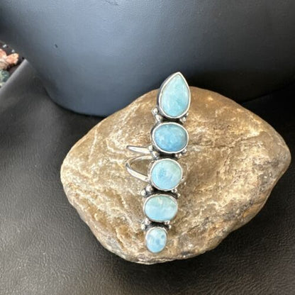 Navajo Blue Larimar Multi-Stone Cluster Ring | Authentic Native American Sterling Silver | Sz 9.5 | 16607