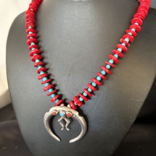 Navajo Blue Turquoise Naja Red Coral Sterling Silver Pendant Necklace 24" | Native American | 14434 - Masha USA