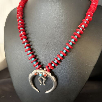 Navajo Blue Turquoise Naja Red Coral Sterling Silver Pendant Necklace 24" | Native American | 14434 - Masha USA
