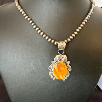 Women's Orange Spiny Oyster Pendant | Navajo Pearls Sterling Silver Necklace 21" | Handmade Jewelry | 16556