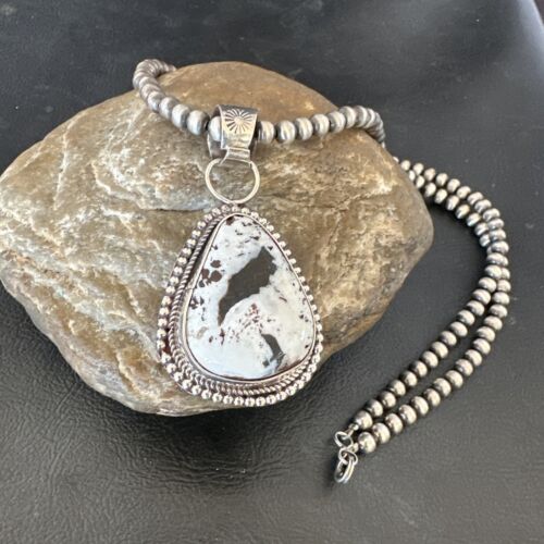 Navajo White Buffalo Turquoise Pendant | Sterling Silver Pearls Necklace | Authentic Native American Handmade | 17107