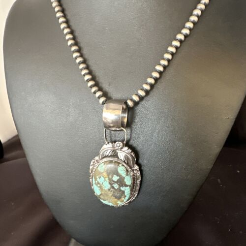Men's Blue #8 Turquoise Pendant Necklace | Navajo Sterling Silver | Authentic Native American Handmade | 14974