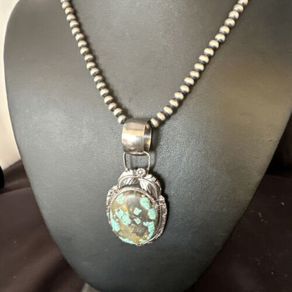 Men's Blue #8 Turquoise Pendant Necklace | Navajo Sterling Silver | Authentic Native American Handmade | 14974