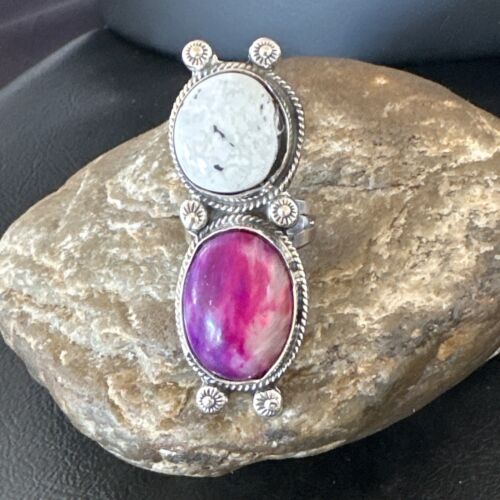 Navajo White Buffalo Turquoise Sugilite Ring | Authentic Native American Sterling Silver | Multi-Stone | Sz 7 | 16719 - Masha USA