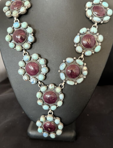 Navajo Turquoise Purple Spiny Cluster Lariat Necklace Pendant | Golden Hills | Authentic Native American Handmade | 16190