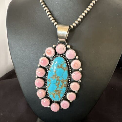 XXL Pink Conch Naja Pendant | Blue Turquoise | Navajo Sterling Silver Necklace 21" | Multi-Stone | 17426