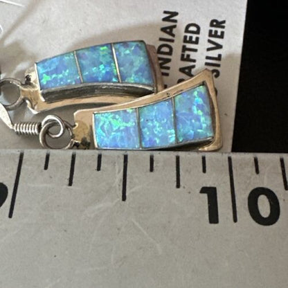 Navajo Blue Faux Opal Inlay Dangle Earrings | Sterling Silver | 1" | Authentic Native American Handmade | 17439