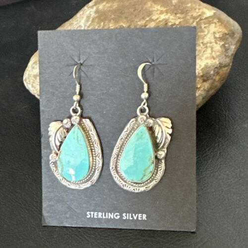 Navajo Blue Kingman Turquoise Dangle Earrings | Sterling Silver | Authentic Native American Handmade | 17373