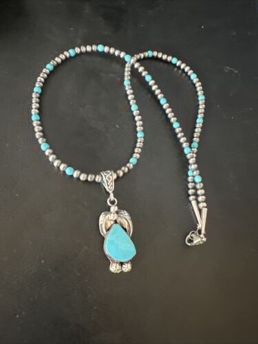 Navajo Pearls Kingman Turquoise Pendant Necklace | Sterling Silver | Authentic Native American Handmade | 14890