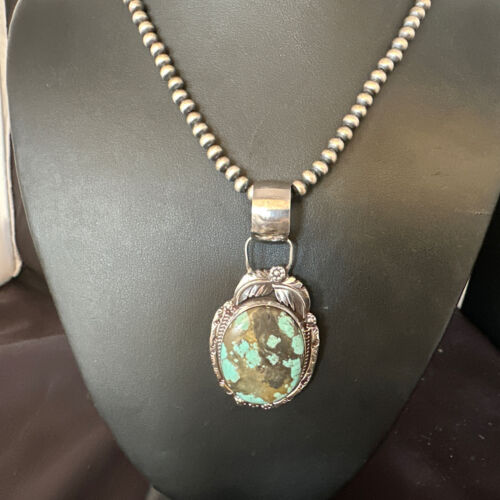 Men's Blue #8 Turquoise Pendant Necklace | Navajo Sterling Silver | Authentic Native American Handmade | 14974