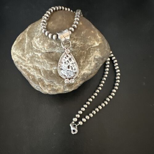 Men's White Buffalo Turquoise Pendant | Navajo Pearls Sterling Silver Necklace 21" | 17333