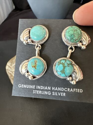Navajo Blue Green Turquoise Dangle Earrings | Sterling Silver | 1.5" | Authentic Native American Handmade | 17389