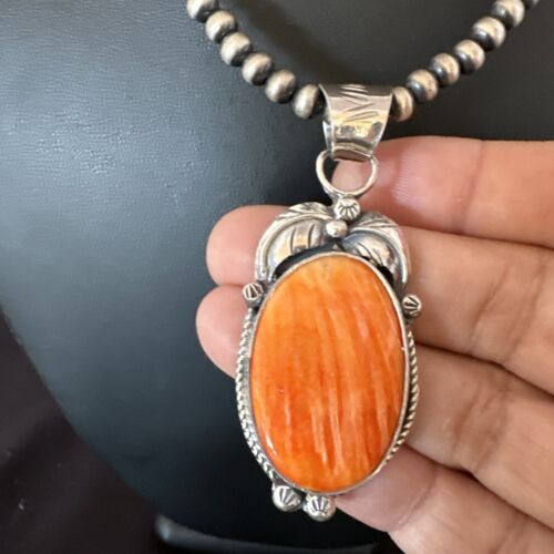 Navajo Orange Spiny Oyster Pendant Necklace | Sterling Silver | Authentic Native American Handmade | 15627