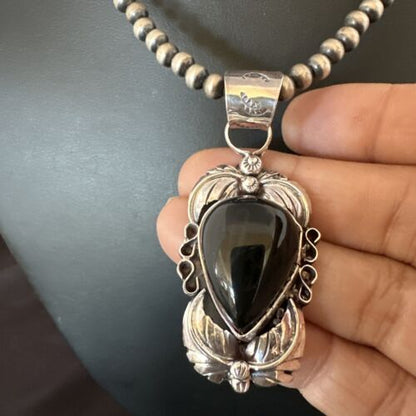 Native American Men's Pendant | Navajo Pearls | Sterling Silver Black Onyx Necklace | 16129