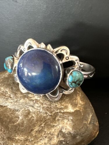 Kingman Turquoise Lapis Cuff Bracelet | Navajo Tufa Cast | Sterling Silver | Authentic Native American Handmade | 16783