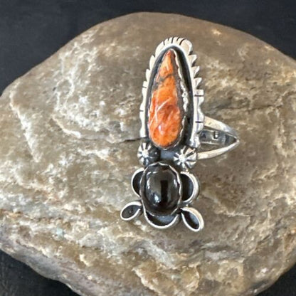 Navajo Cat Spiny Oyster Onyx Multi-Stone Ring | Authentic Native American Sterling Silver | Multi-Stone | Sz 9 | 16656