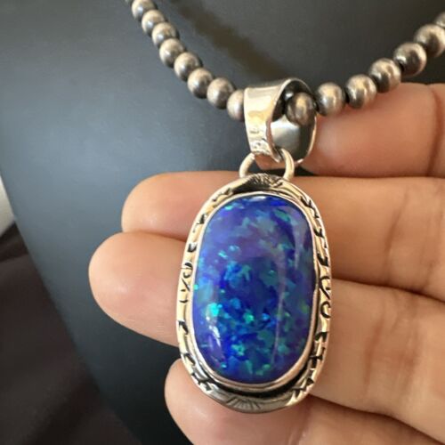 Men's Women's Blue Fire Opal Pendant | Navajo Sterling Silver | Authentic Native American Handmade | 16483
