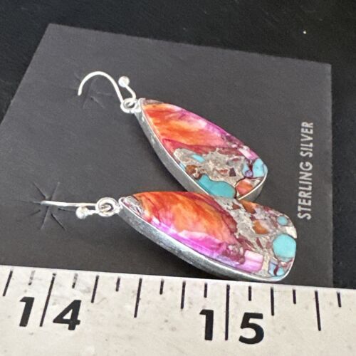 Navajo Red Spiny Oyster Turquoise Inlay Dangle Earrings | Sterling Silver | Authentic Native American Handmade | 15559