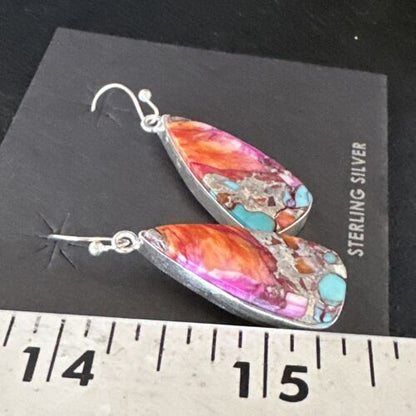 Navajo Red Spiny Oyster Turquoise Inlay Dangle Earrings | Sterling Silver | Authentic Native American Handmade | 15559