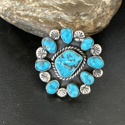 Navajo Blue Kingman Turquoise Cluster Ring | Authentic Native American Sterling Silver | Multi-Stone | Sz 10.5 | 17423