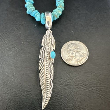 Navajo Blue Turquoise Leaf Pendant | Sterling Silver Pearls Necklace | 21" | Authentic Native American Handmade | 17540
