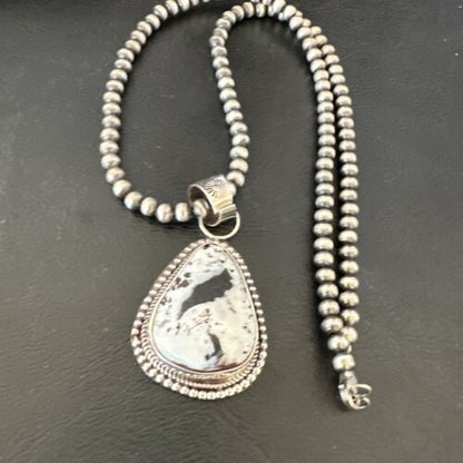 Navajo White Buffalo Turquoise Pendant | Sterling Silver Pearls Necklace | Authentic Native American Handmade | 17107