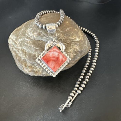 Navajo Red Spiny Oyster Pendant Necklace | Sterling Silver | Authentic Native American Handmade | 16145