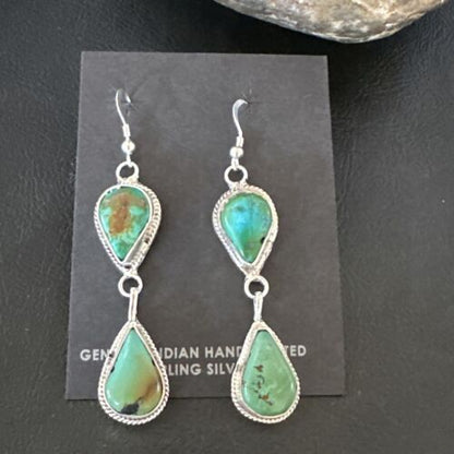 Navajo Green Royston Turquoise Dangle Earrings | Sterling Silver | Authentic Native American Handmade | 16492 - Masha USA