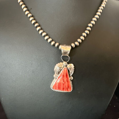 Navajo Red Spiny Oyster Pendant Necklace | Sterling Silver | Authentic Native American Handmade | 16149