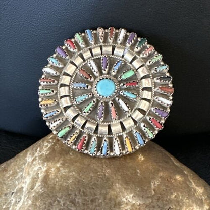 Zuni Multi-Color Turquoise Needle Point Wheel Pin Pendant | Sterling Silver | Authentic Native American Handmade | 15154
