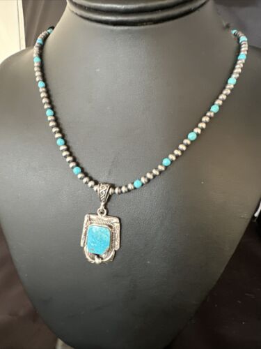 Navajo Pearls Kingman Turquoise Necklace | Sterling Silver | Authentic Native American Handmade | 14895 - Masha USA