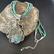 Navajo Blue Turquoise Pendant | Sterling Silver 3-Strand Bead Necklace | 17" | Authentic Native American Handmade | 15995