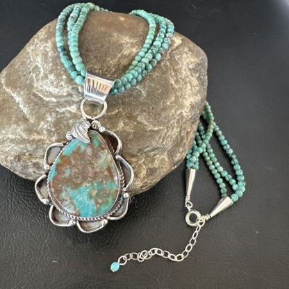 Navajo Blue Turquoise Pendant | Sterling Silver 3-Strand Bead Necklace | 17" | Authentic Native American Handmade | 15995