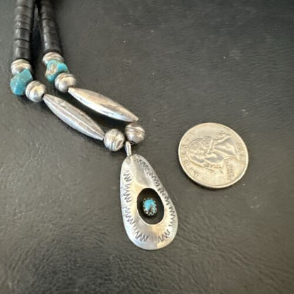 Navajo Blue Turquoise Black Onyx Shadowbox Pendant | Sterling Silver Necklace | 16" | 17542