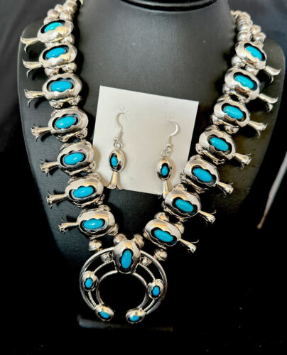 Navajo Turquoise Shadowbox Squash Blossom Necklace & Earrings | Sterling Silver | 16542