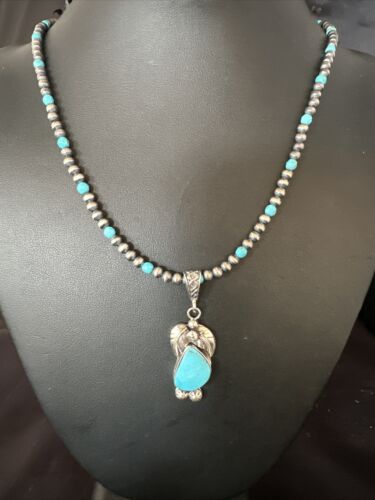 Navajo Pearls Kingman Turquoise Pendant Necklace | Sterling Silver | Authentic Native American Handmade | 14888