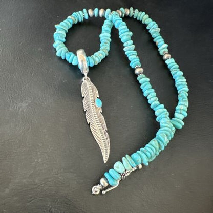 Navajo Blue Turquoise Leaf Pendant | Sterling Silver Pearls Necklace | 21" | Authentic Native American Handmade | 17540