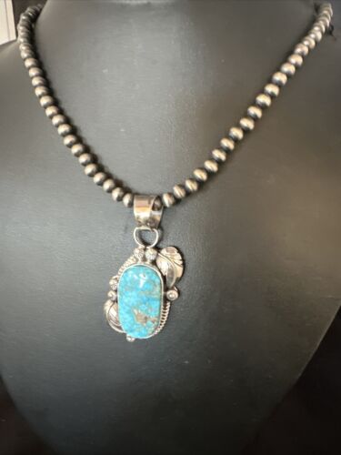 Navajo Kingman Turquoise Pendant Necklace | Sterling Silver | Native American Handmade | 15211