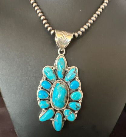 Navajo Blue Kingman Turquoise Cluster Pendant | Sterling Silver | Authentic Native American Handmade | 15447