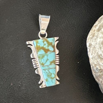 Navajo Blue #8 Turquoise Inlay Pendant | Sterling Silver | 2" | Authentic Native American Handmade | 15683