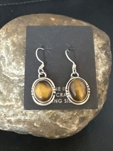Navajo Coffee Tiger's Eye Dangle Earrings | Sterling Silver | Authentic Native American Handmade | 14920