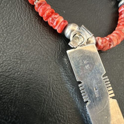 Navajo Red Spiny Oyster Pendant Necklace | Sterling Silver Inlay | Authentic Native American Handmade | 16884