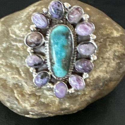 Navajo Kingman Turquoise Charoite Ring | Authentic Native American Sterling Silver | Multi-Stone | Sz 10 | 17181