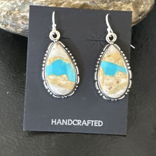 Navajo Blue Boulder Turquoise Dangle Earrings | Sterling Silver | Authentic Native American Handmade | 16503
