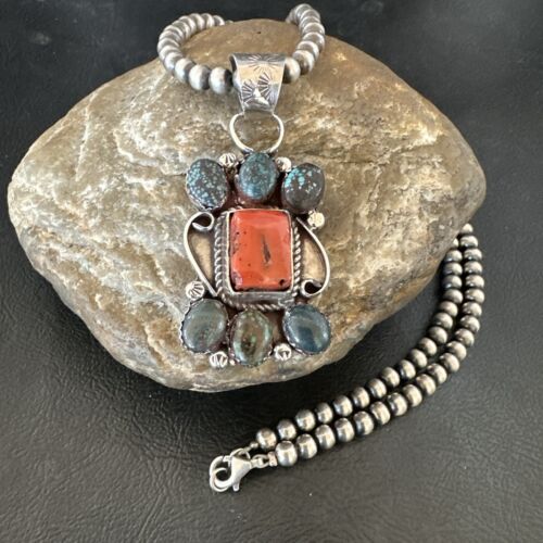 Navajo Turquoise Coral Cluster Pendant Necklace | Sterling Silver | Authentic Native American Handmade | 17186