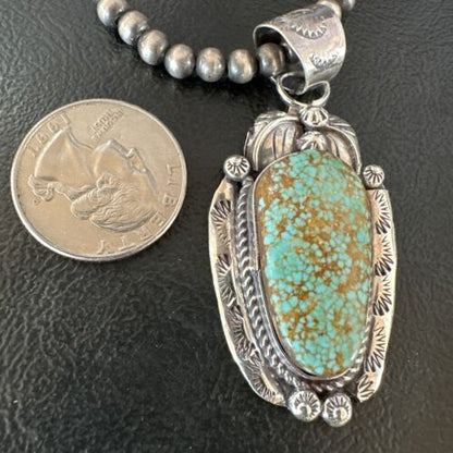 Navajo Blue Turquoise #8 Pendant | Sterling Silver Necklace with Pearls | Authentic Native American Handmade | 15904