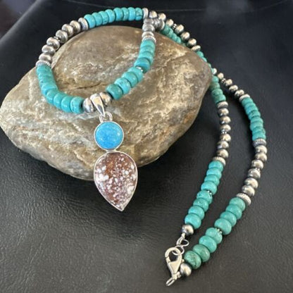 Navajo Wild Horse | Blue Kingman Turquoise Pendant Necklace | Sterling Silver | Authentic Native American Handmade | 17577