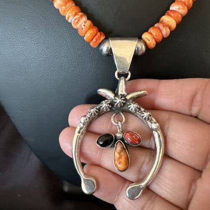 Navajo Red Spiny Oyster Naja Pendant Necklace | Sterling Silver | 23" | Authentic Native American Handmade | 17660